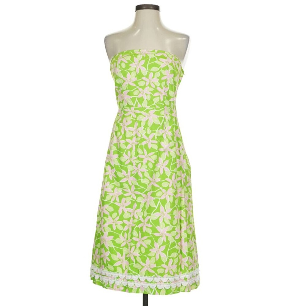 Lilly Pulitzer Vintage Strapless Floral Midi Dress Green Pink 4